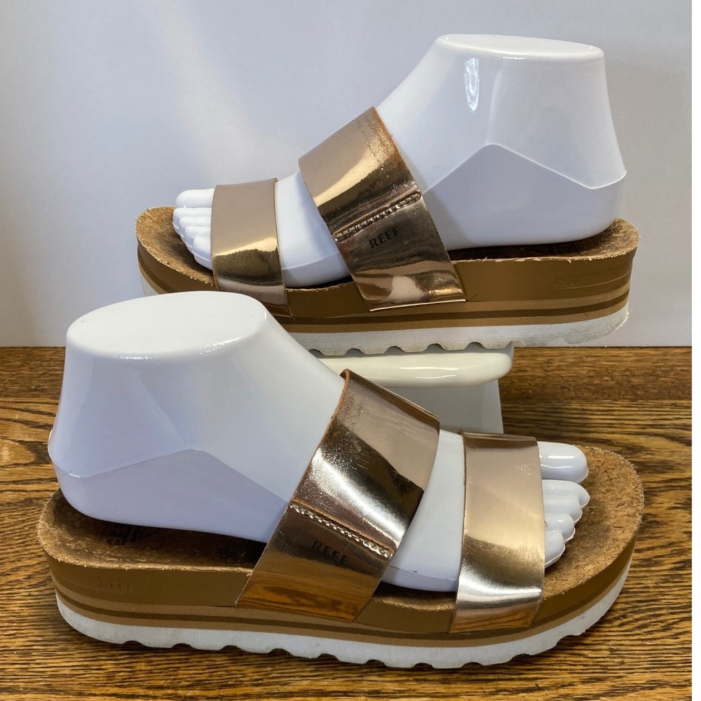 Reef Cushion Vista Hi Rose Gold Metallic Platform Slide Sandals Womens 7